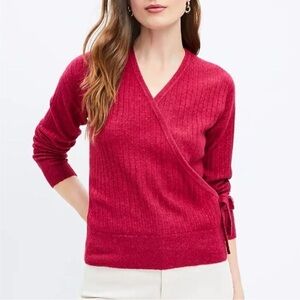 NWT LOFT Ribbed Raspberry Pink Wrap Sweater - Size Small